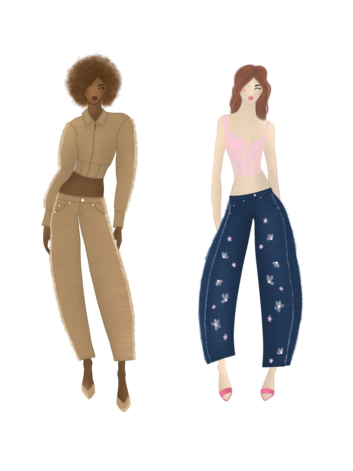 Boceto digital de dos looks de Heridas que Florecen: conjunto de chaqueta y pantalón camel, y pantalón de mezclilla con flores bordadas